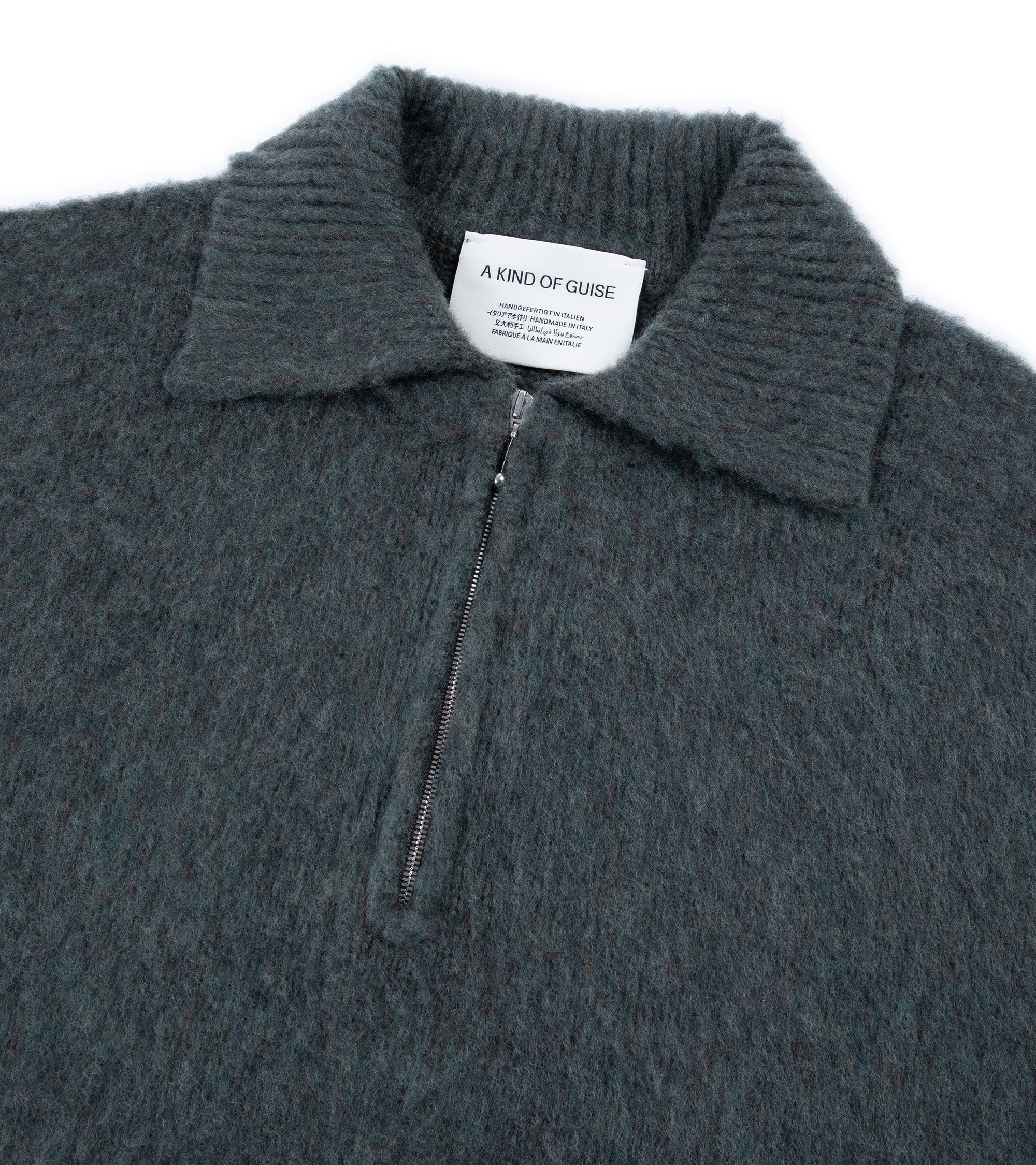 A Kind of Guise Sechura Wool Zip Polo: Green Shadow Melange