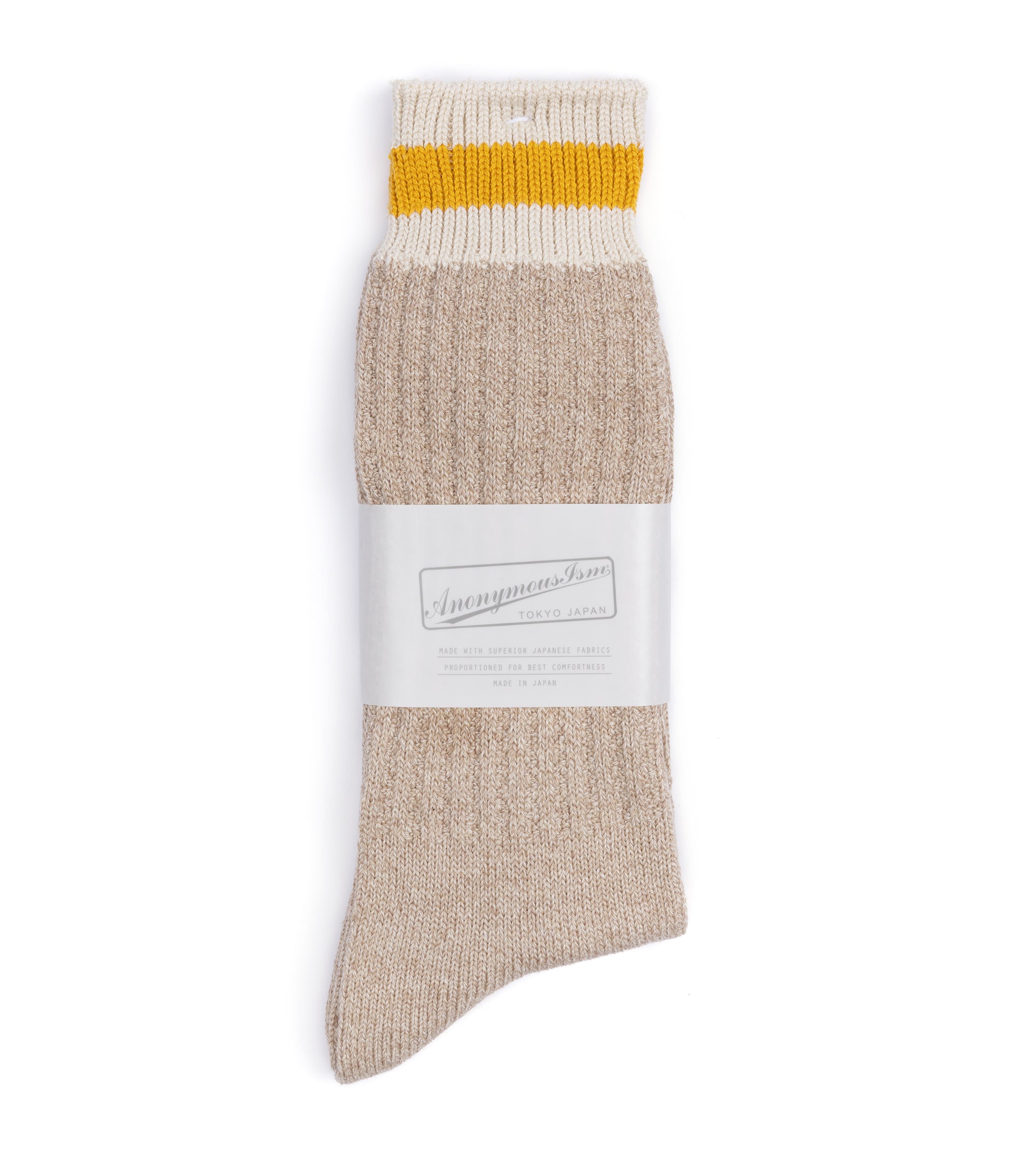 Anonymous Ism Tuck Cuff Striped Crew Socks: Beige