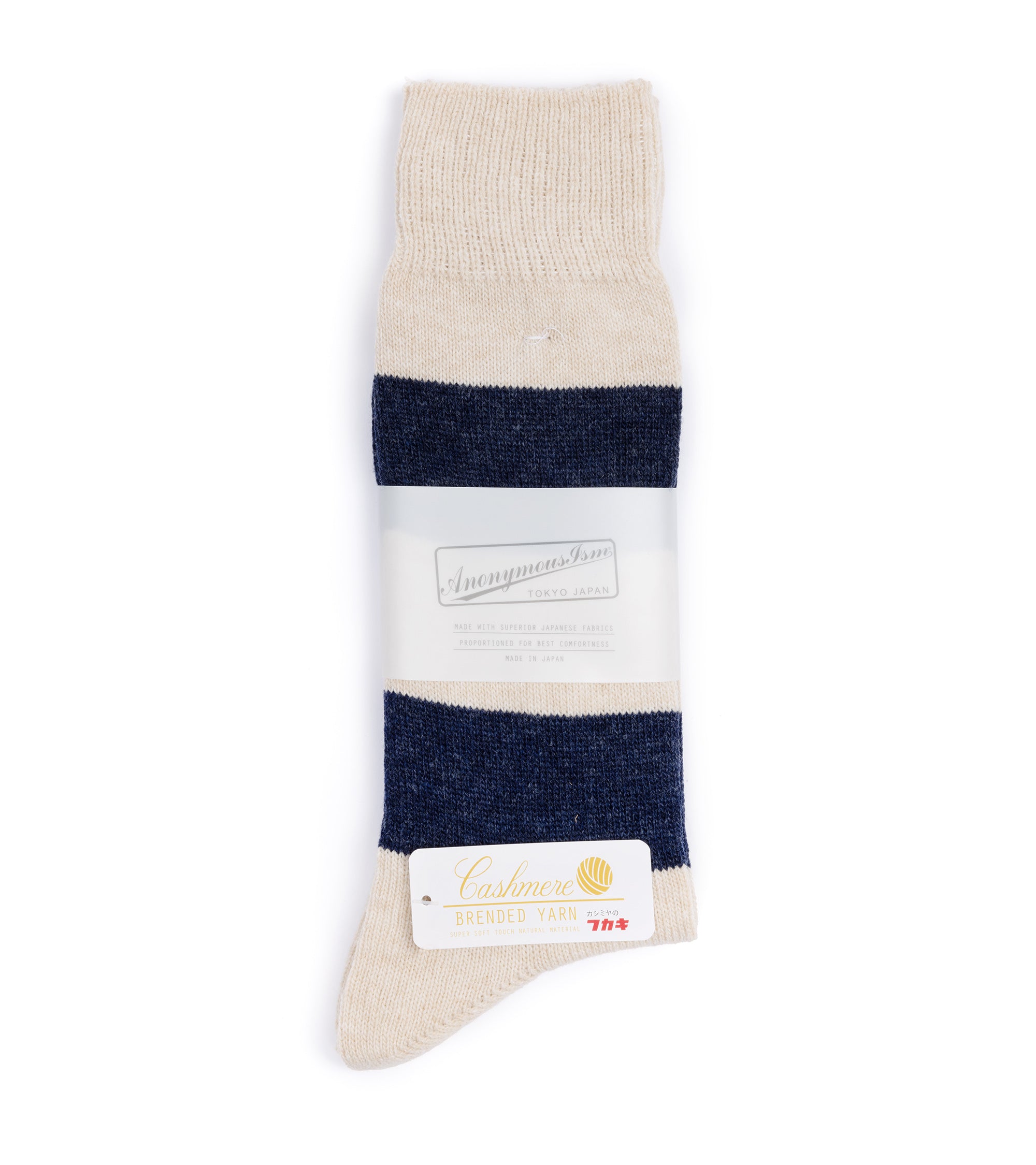 Anonymous Ism Wool Cashmere Striped Crew Socks: Oatmeal/Blue