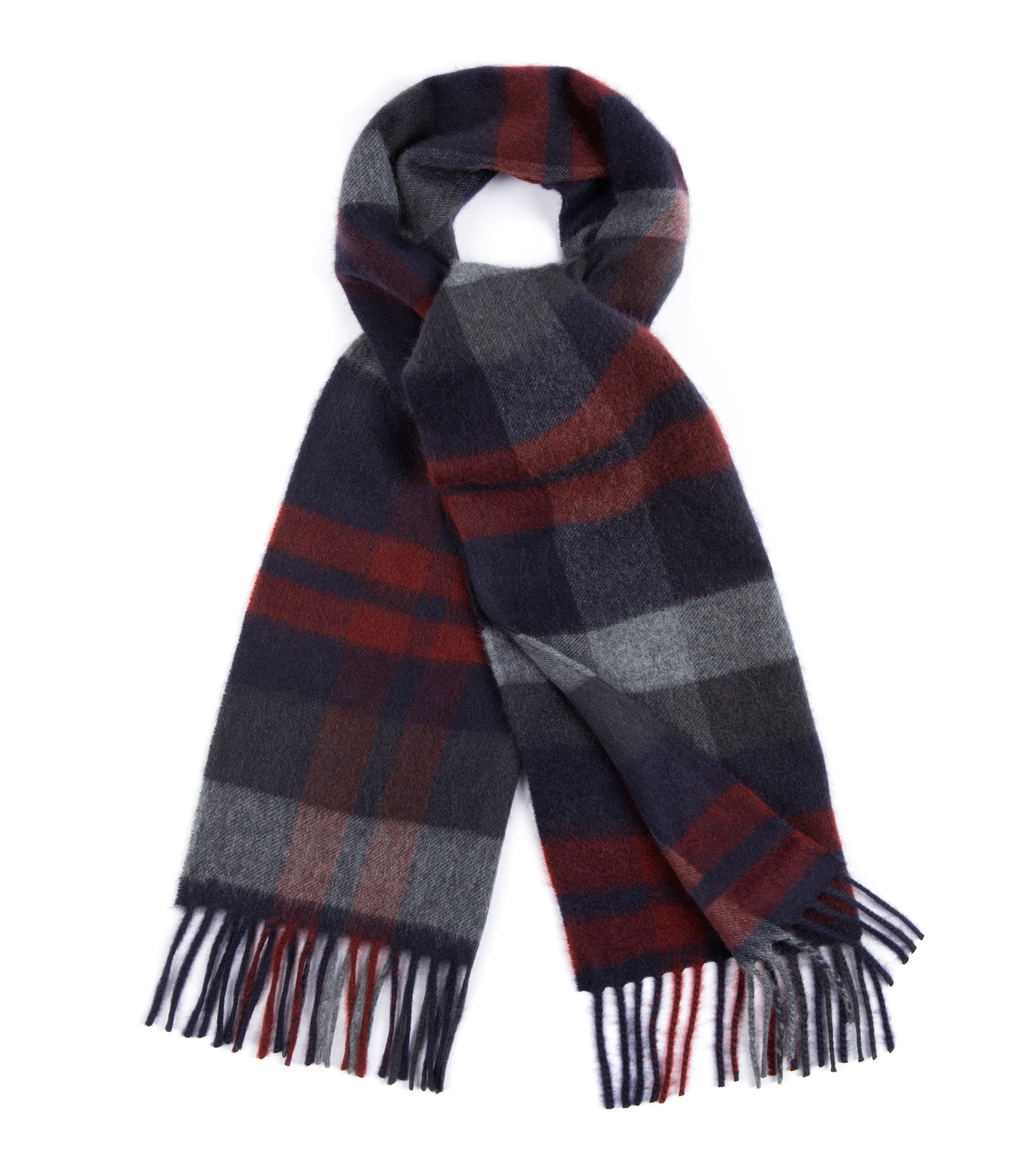 Begg x Co Arran Ferguson Checked Cashmere Scarf: Navy/Bordeaux