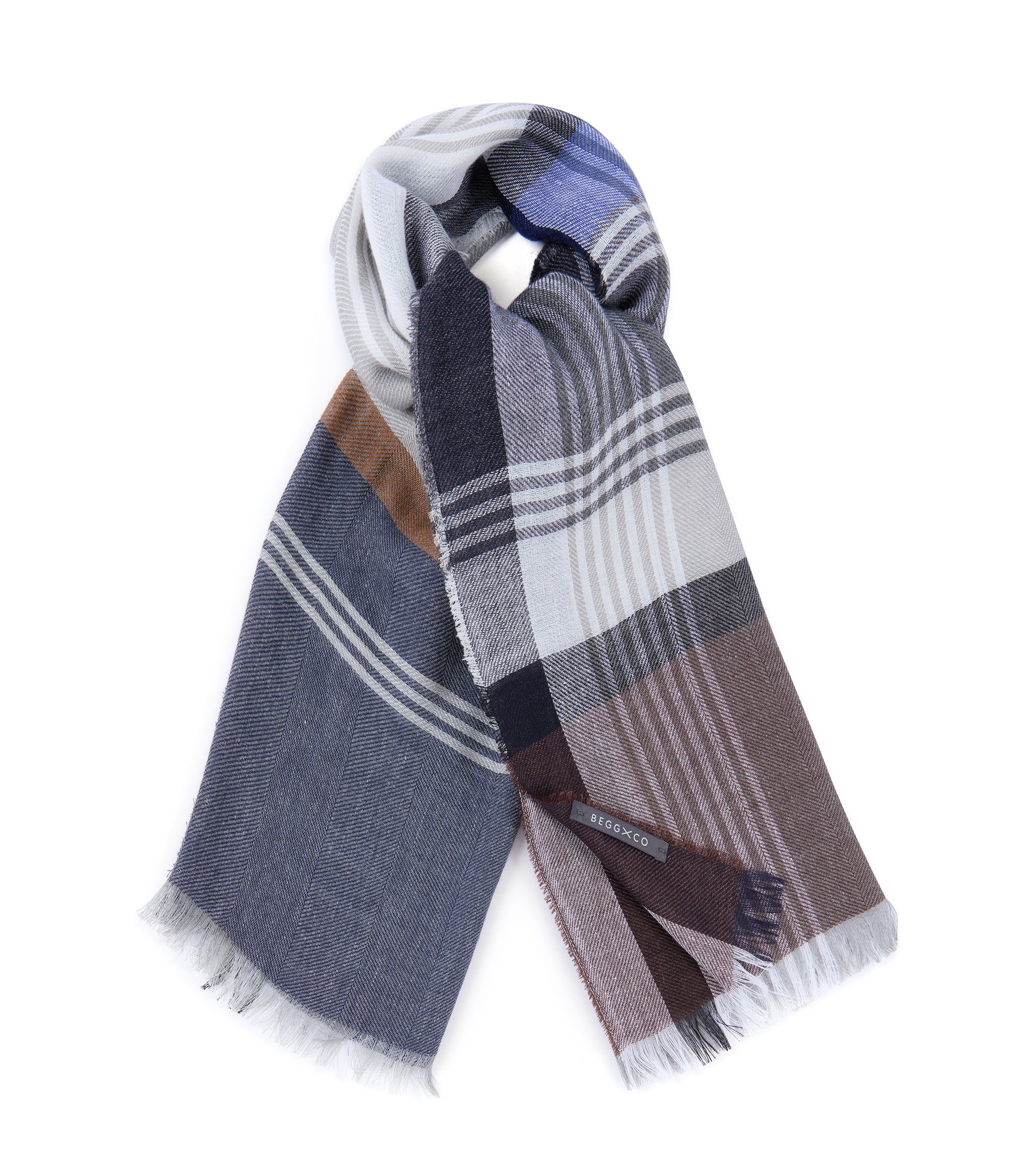 Begg x Co Fiji Duncan Cotton Cashmere Mix Checked Scarf: Flannel Grey/Blue