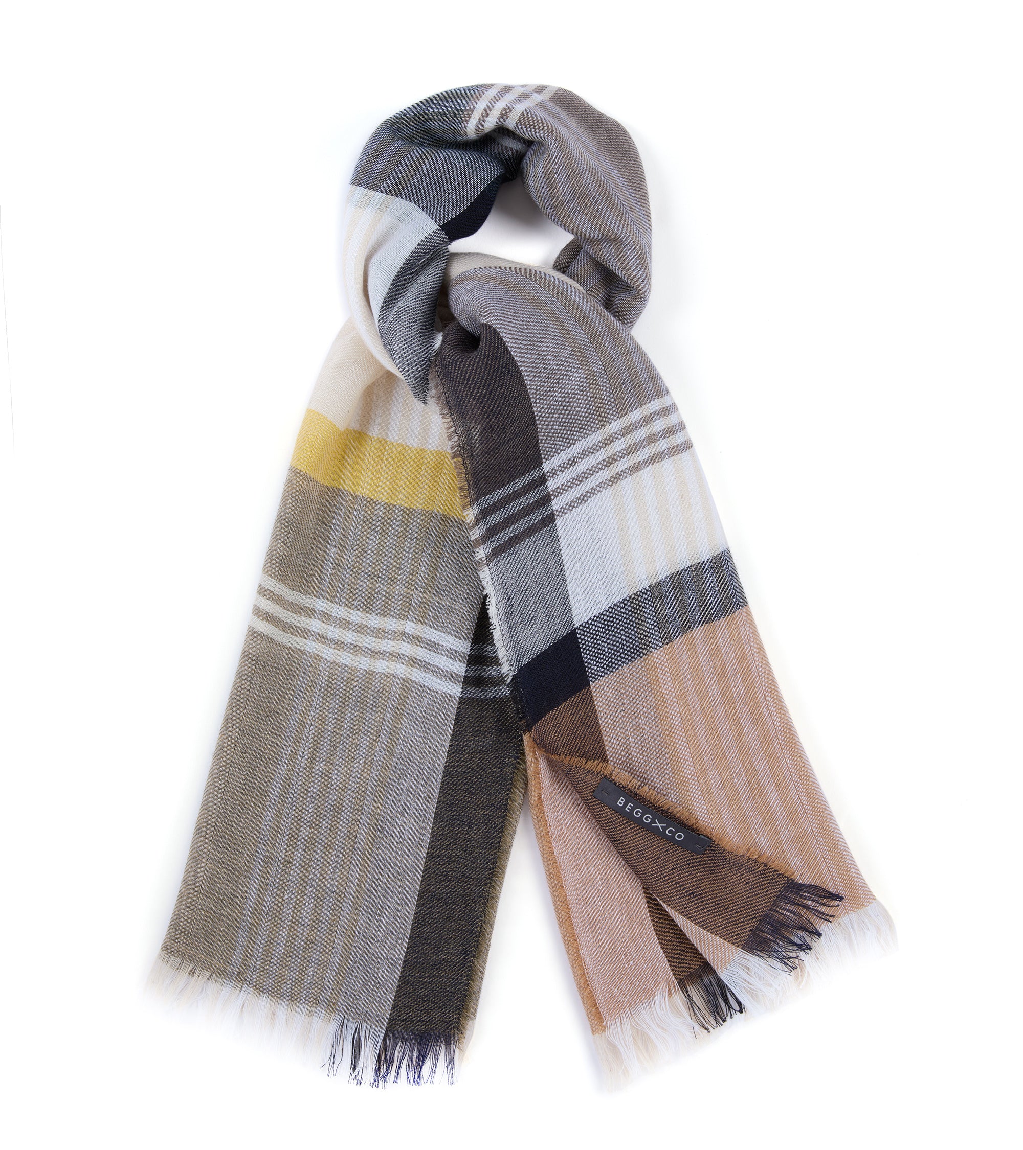 Begg x Co Fiji Duncan Cotton Cashmere Mix Checked Scarf: Stone/Bark