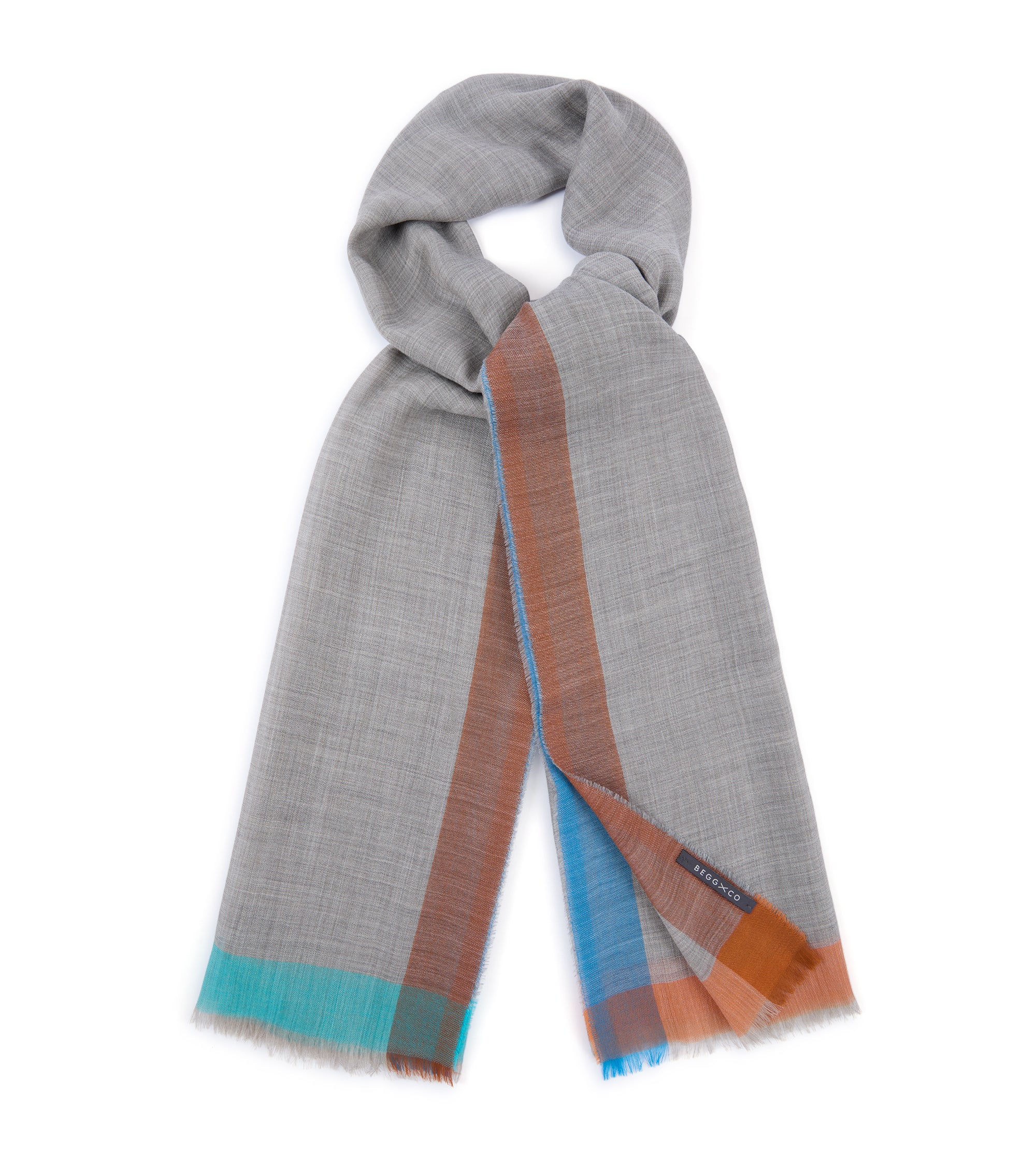 Begg x Co Wispy Peploe Cashmere Border Scarf: Dark Grey/Teal