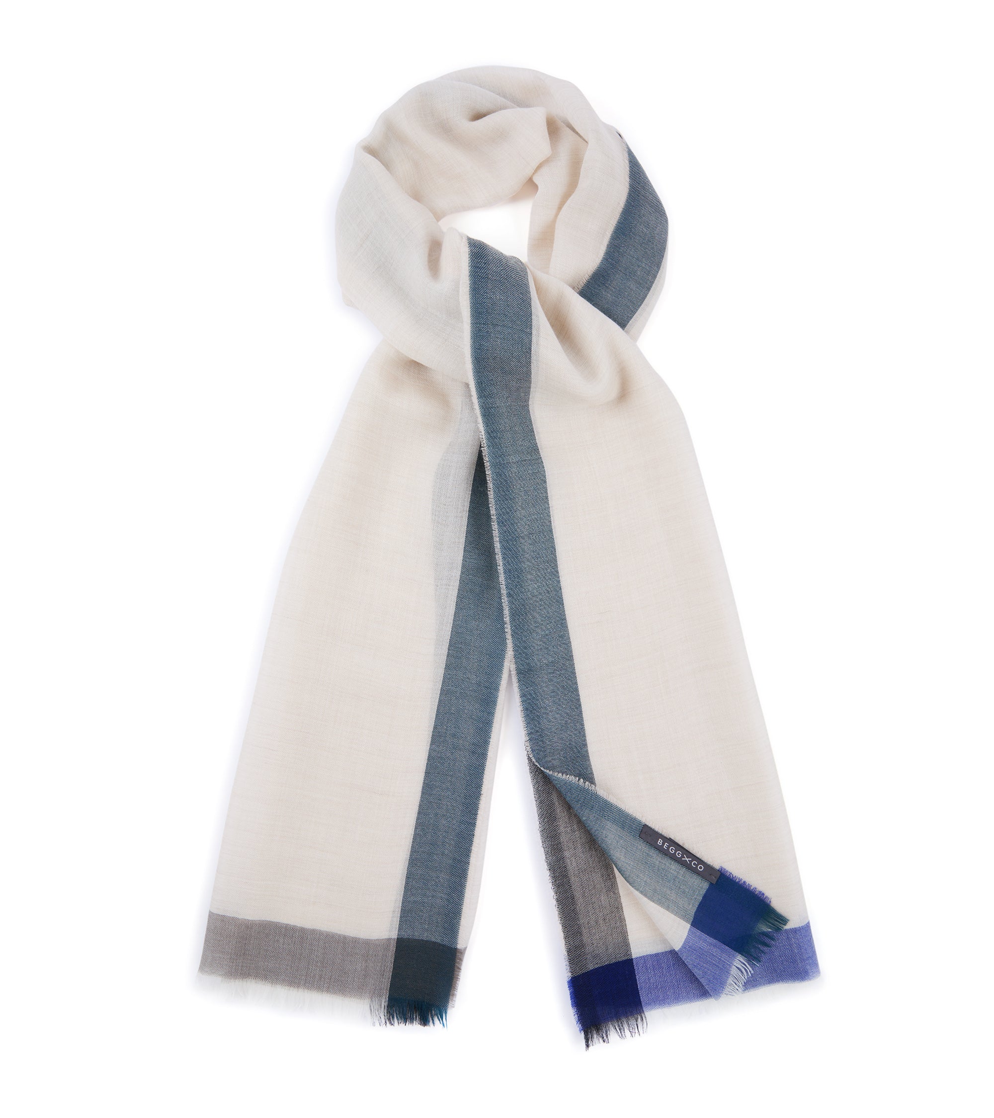 Begg x Co Wispy Peploe Cashmere Border Scarf: Natural/Kelp