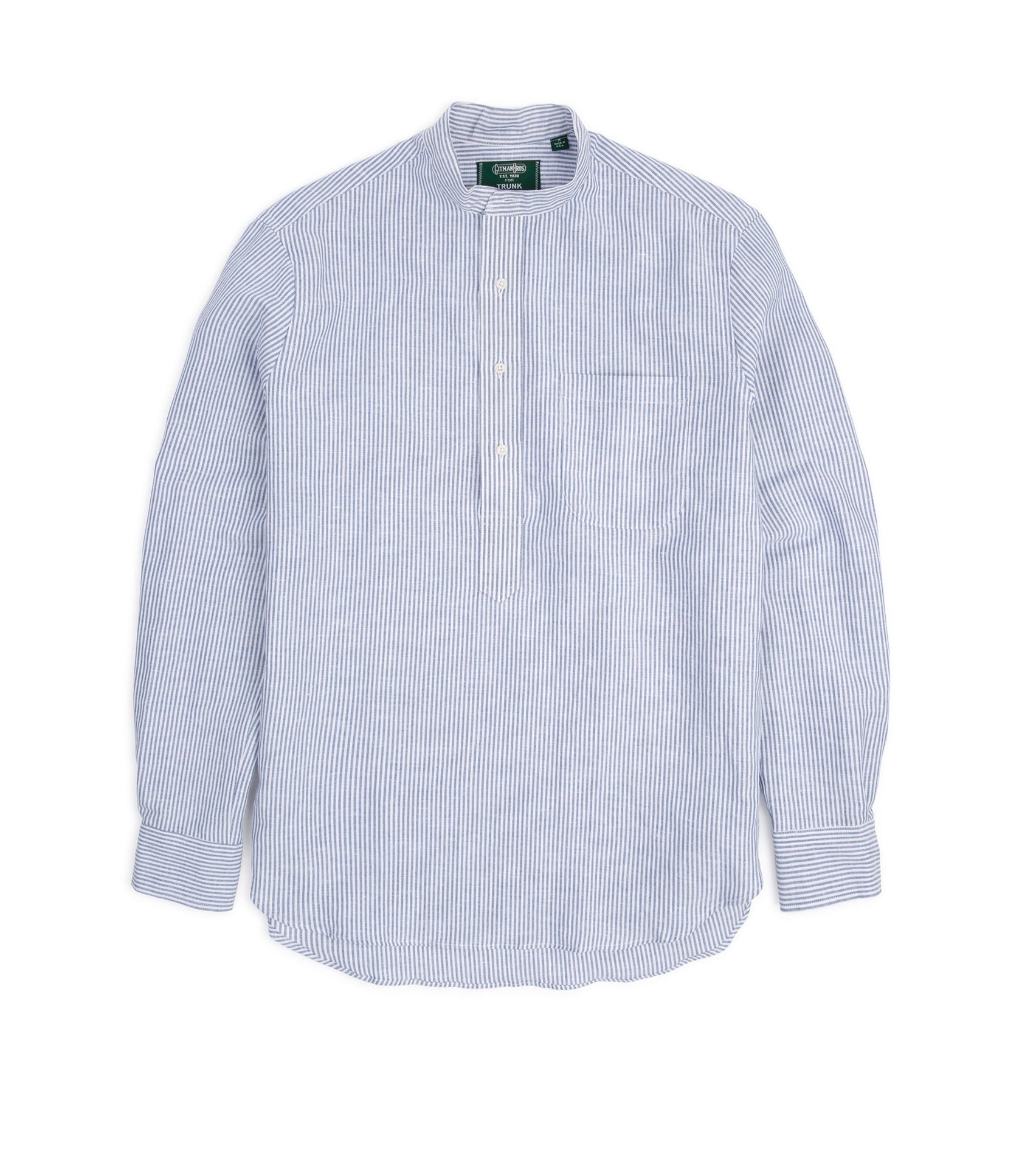 Gitman Vintage Linen Striped Band Collar Popover Shirt: Blue/White