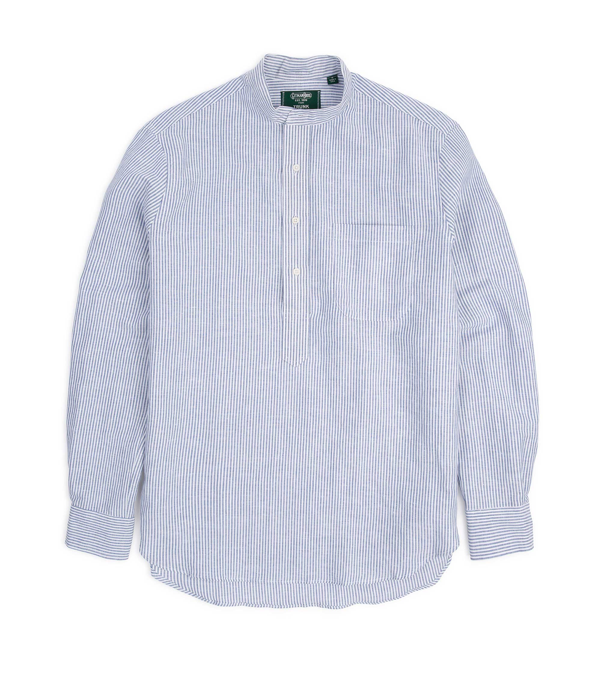 Gitman Vintage Linen Striped Band Collar Popover Shirt: Blue/White