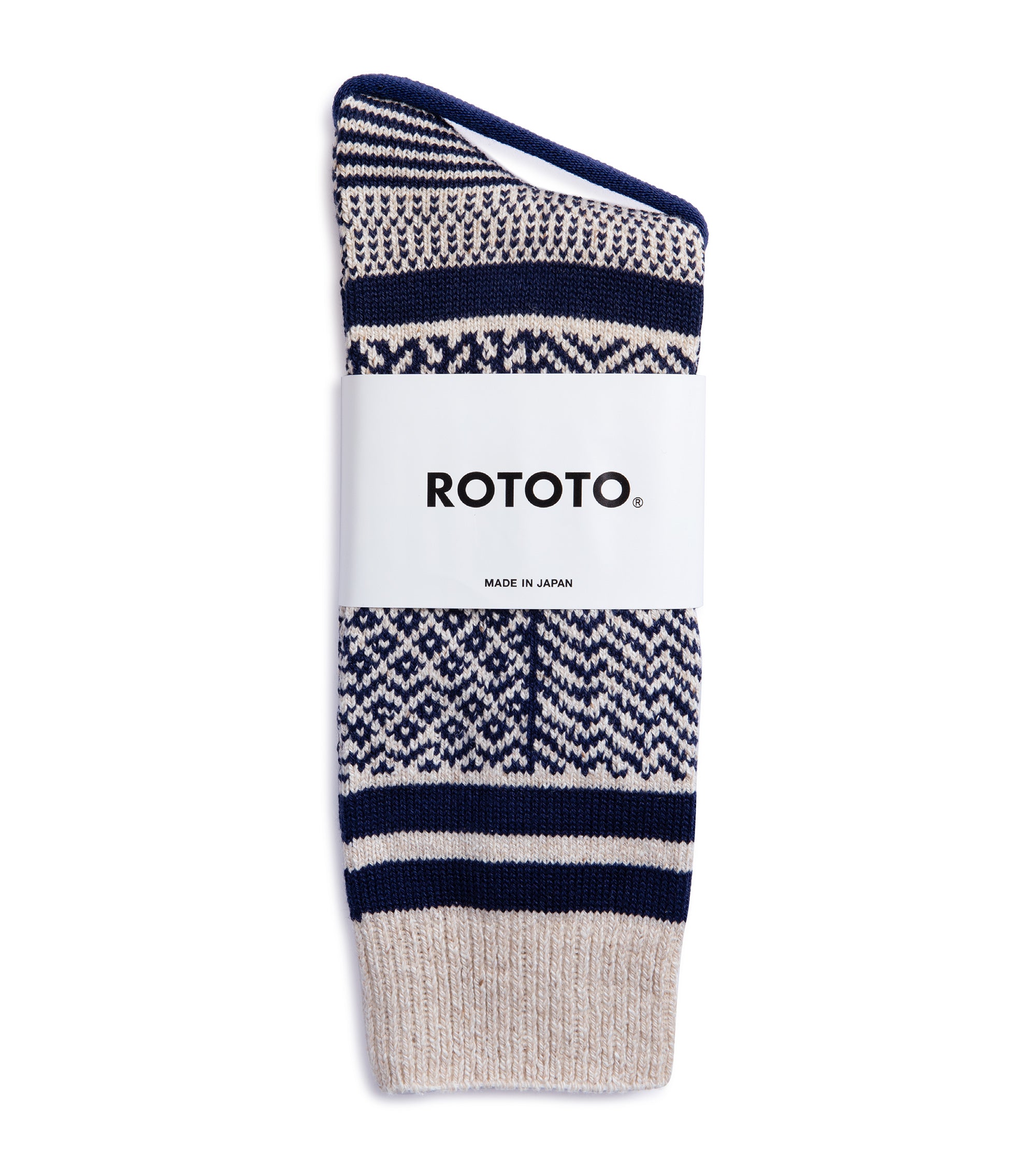 RoToTo Multi Jacquard Crew Socks: Ivory/Navy