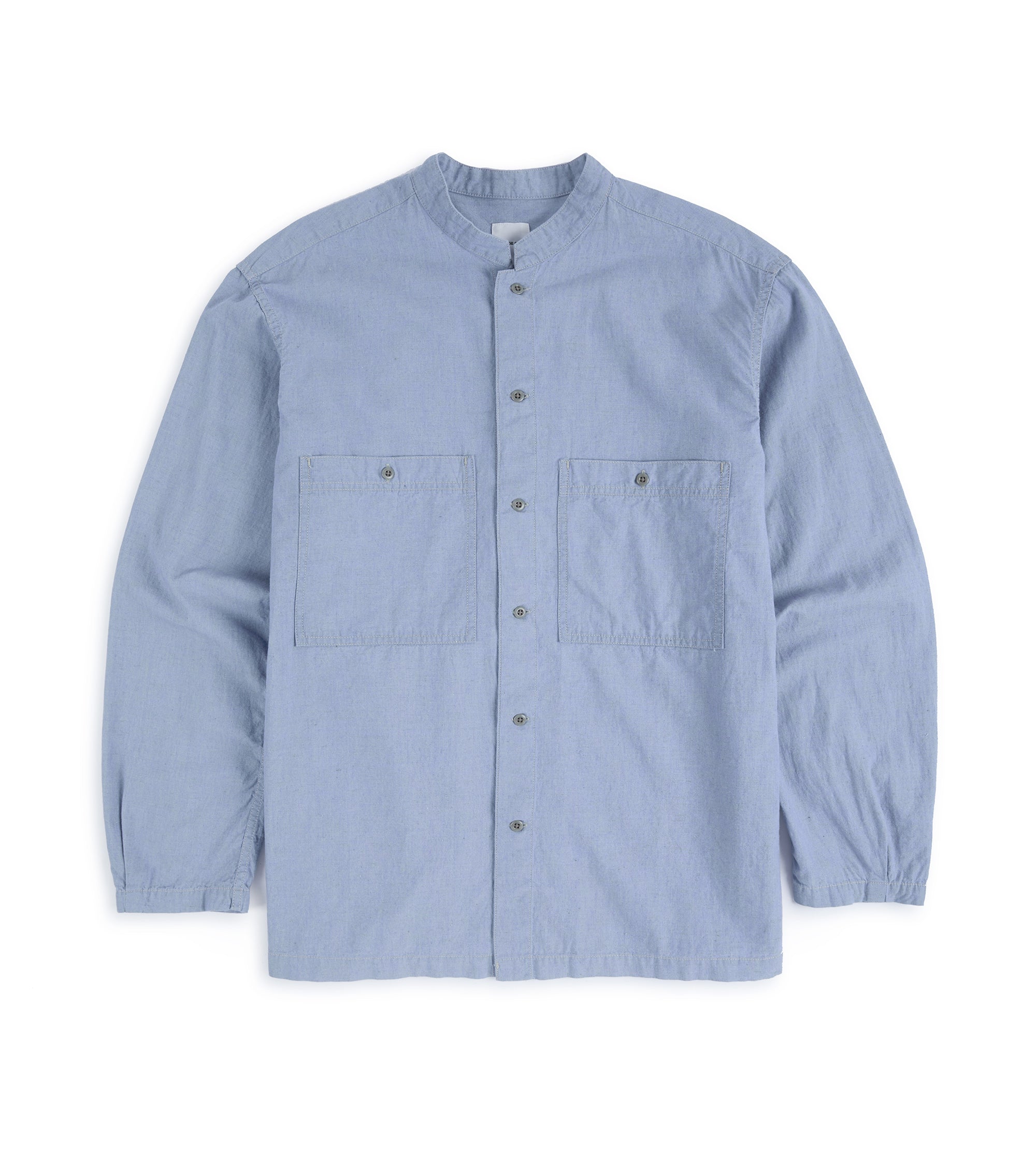 Sage de Cret Cotton Linen Chambray Stand Collar Shirt: Light Blue