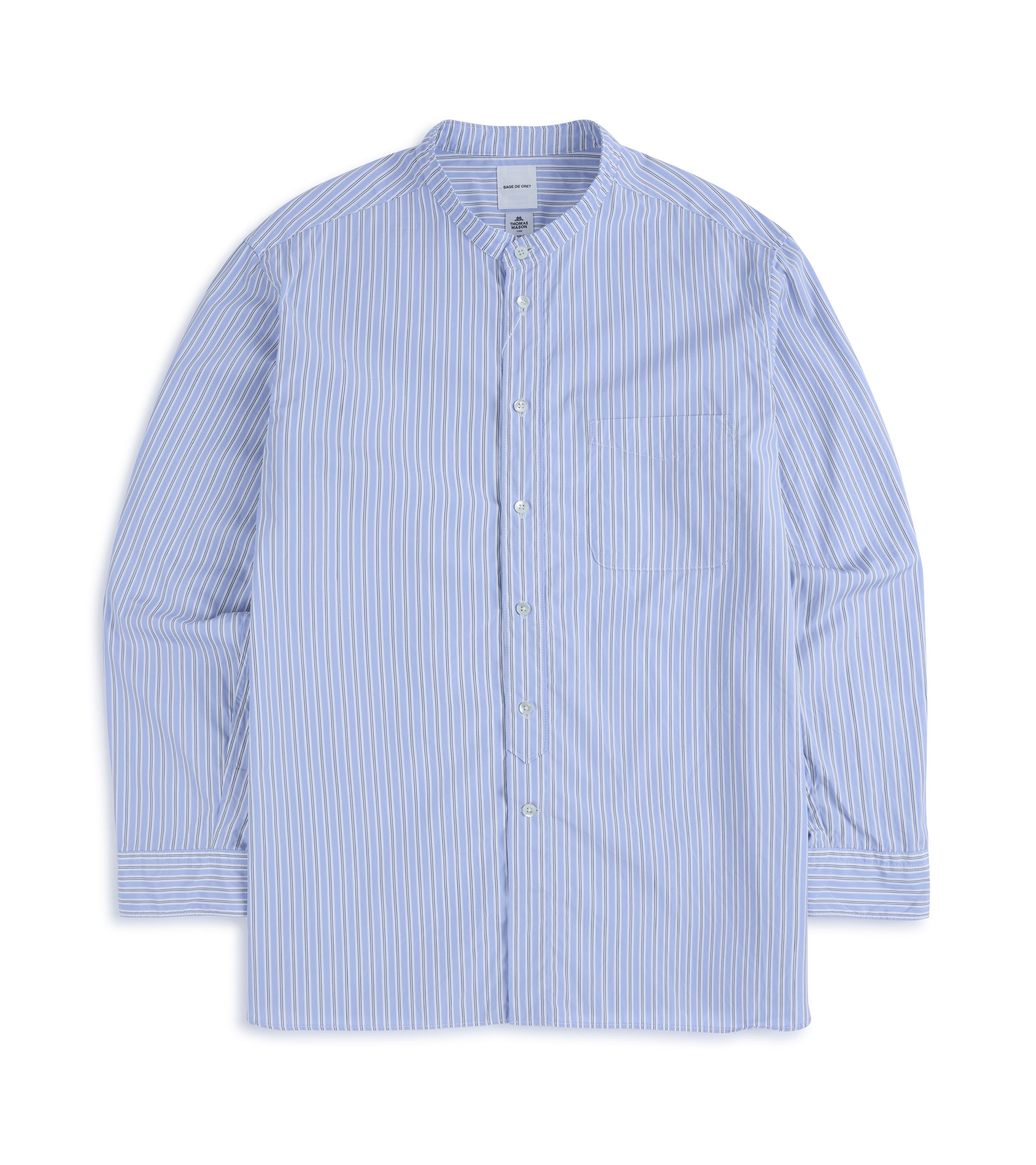 Sage de Cret Cotton Stripe Stand Collar Shirt: Blue