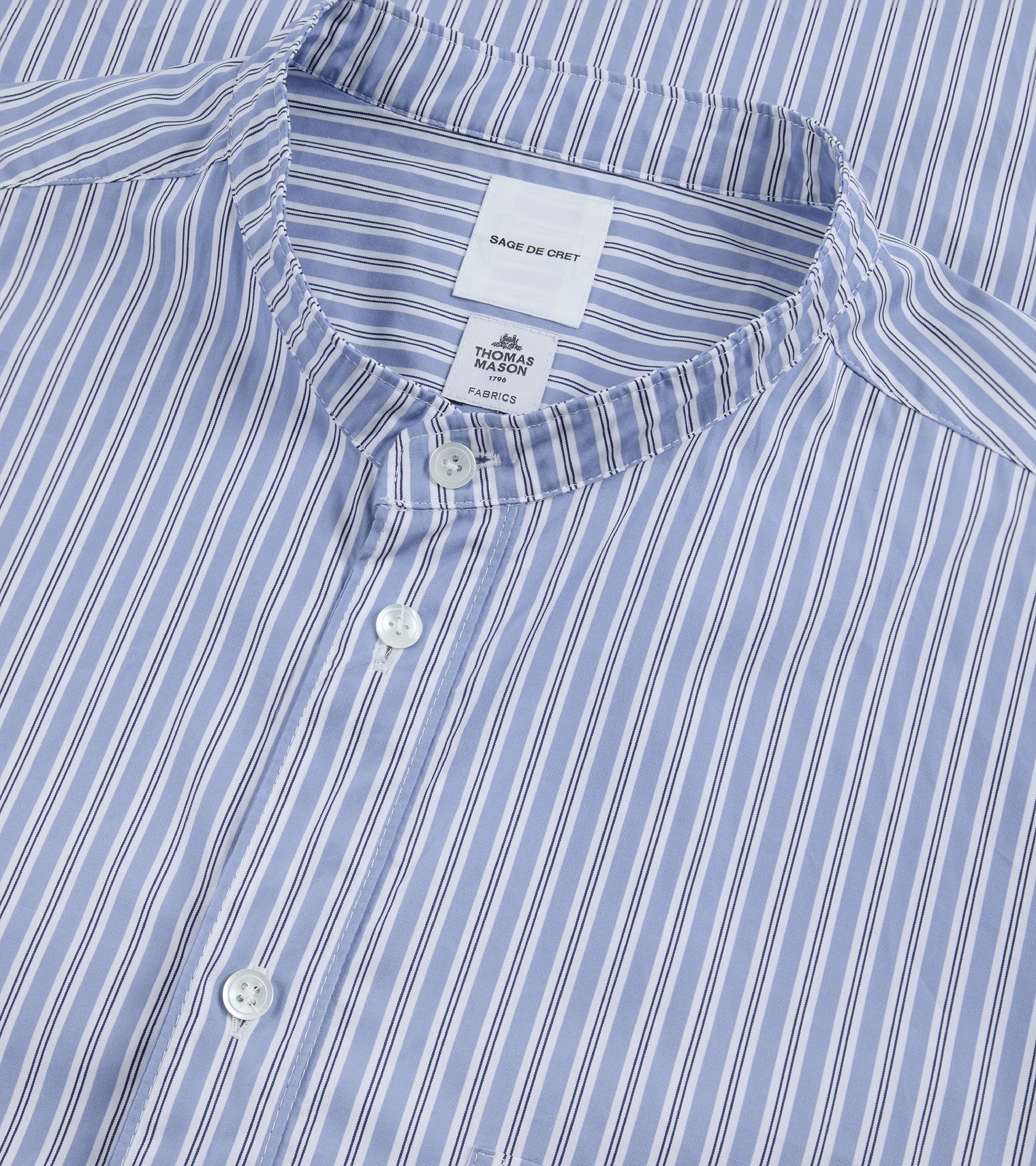 Sage de Cret Cotton Stripe Stand Collar Shirt: Blue