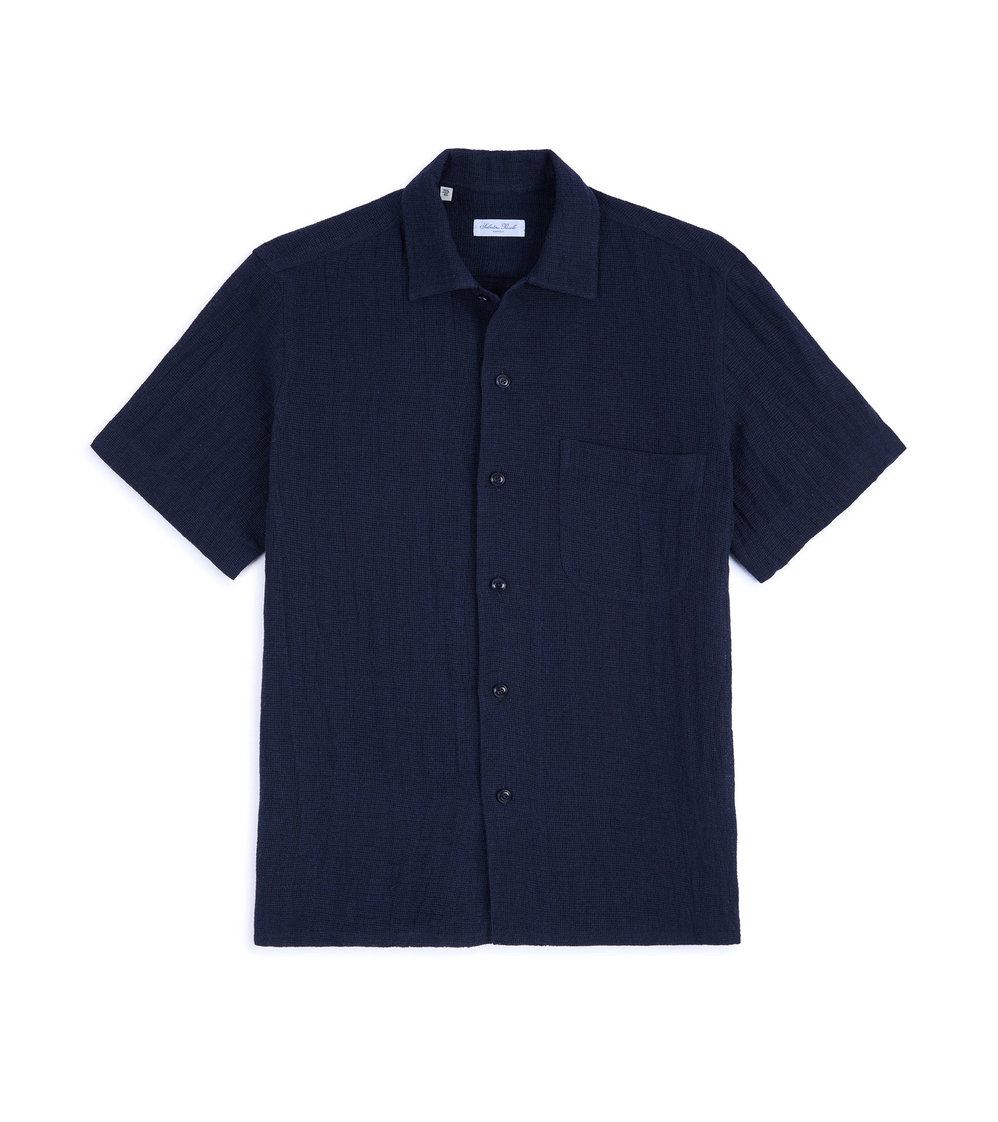 Salvatore Piccolo Cotton Linen Mesh Camp Collar Shirt: Navy