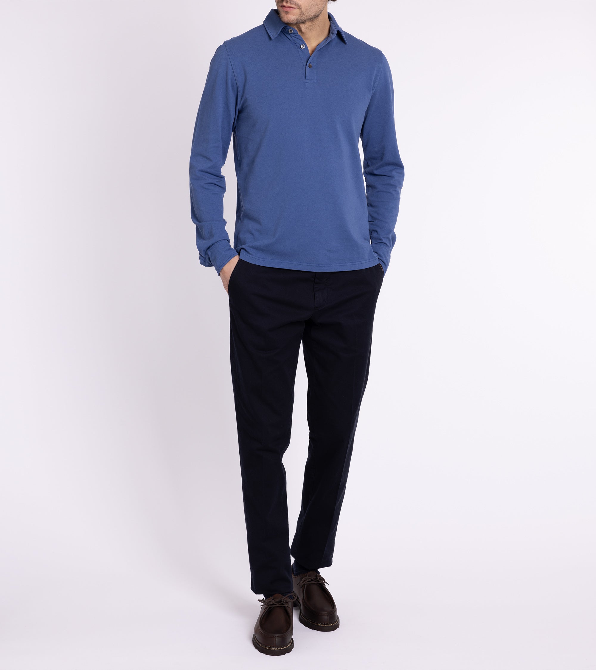 Trunk Moxon Long Sleeve Polo Shirt: Mid Blue