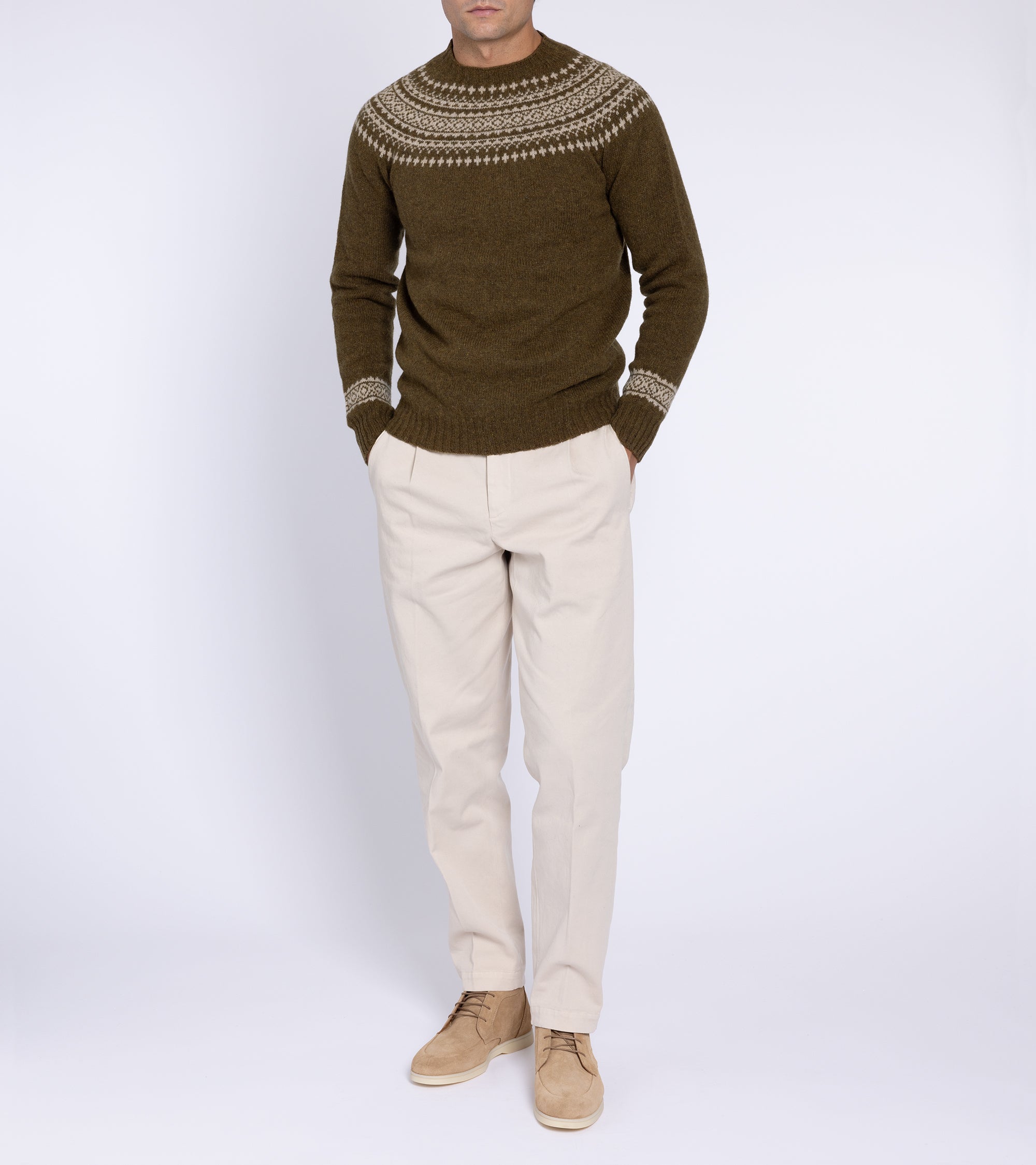 Trunk Elm Fairisle Crew Neck Sweater: Olive