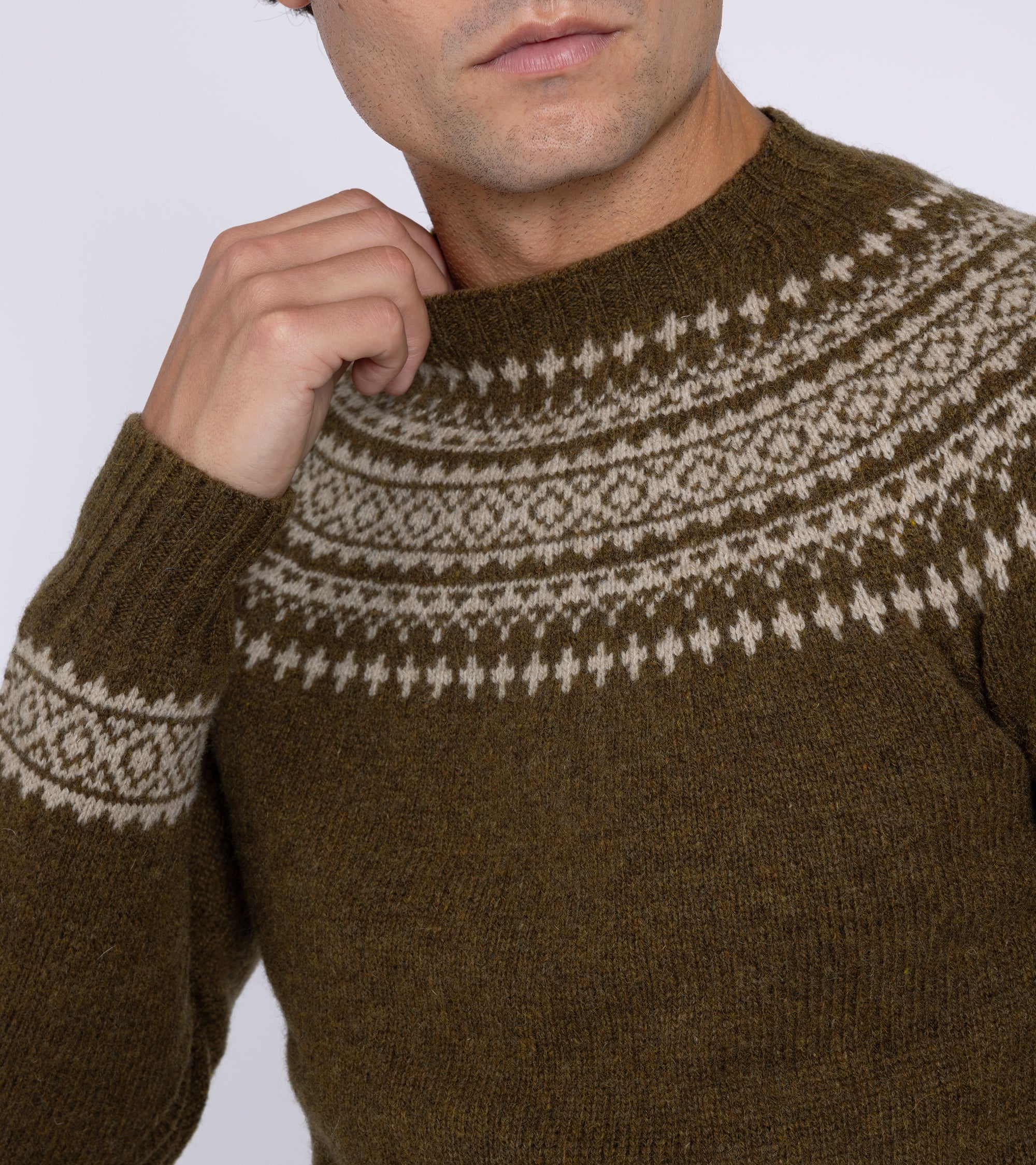 Trunk Elm Fairisle Crew Neck Sweater: Olive