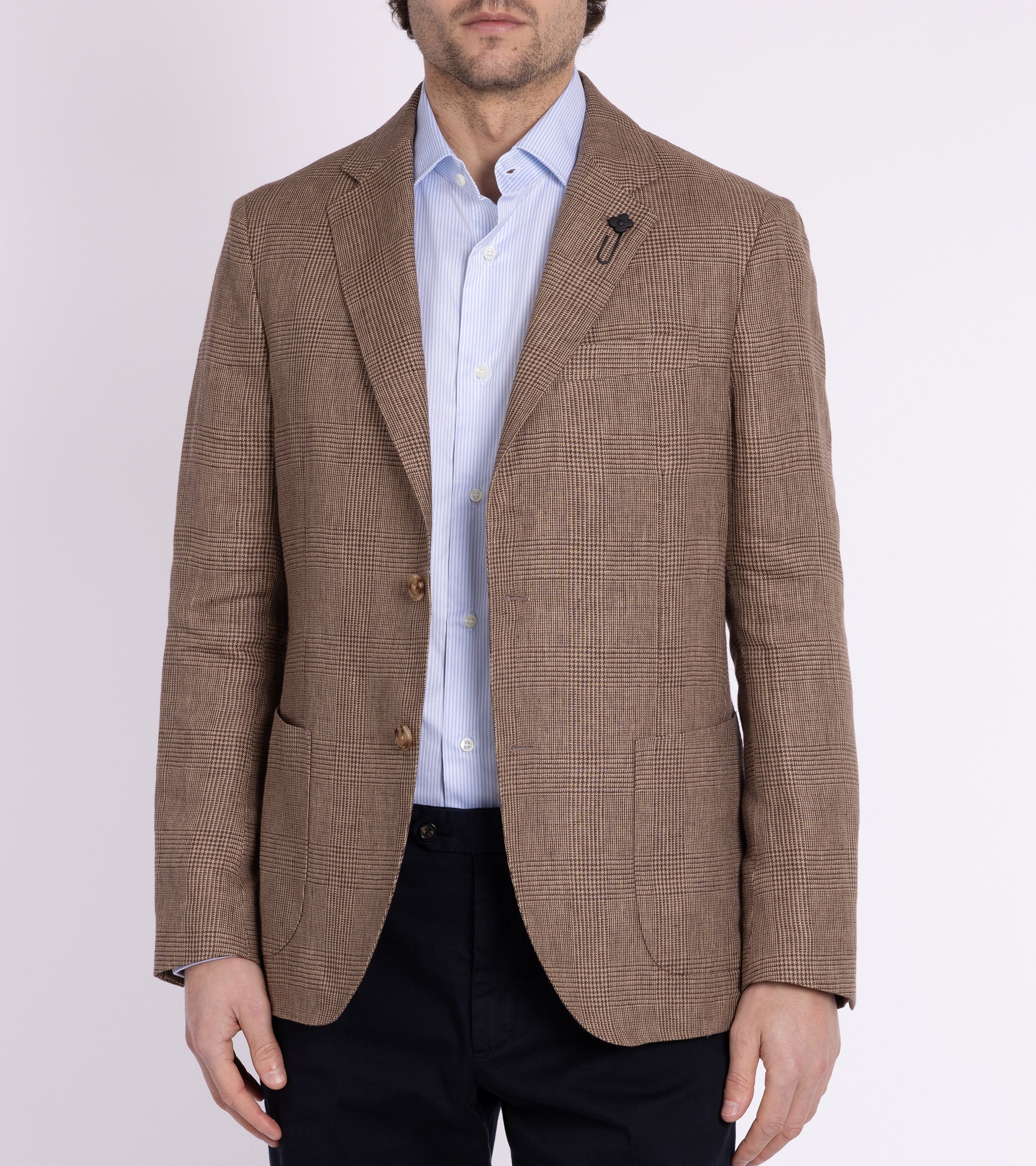 Lardini Linen Prince of Wales Check Jacket: Brown