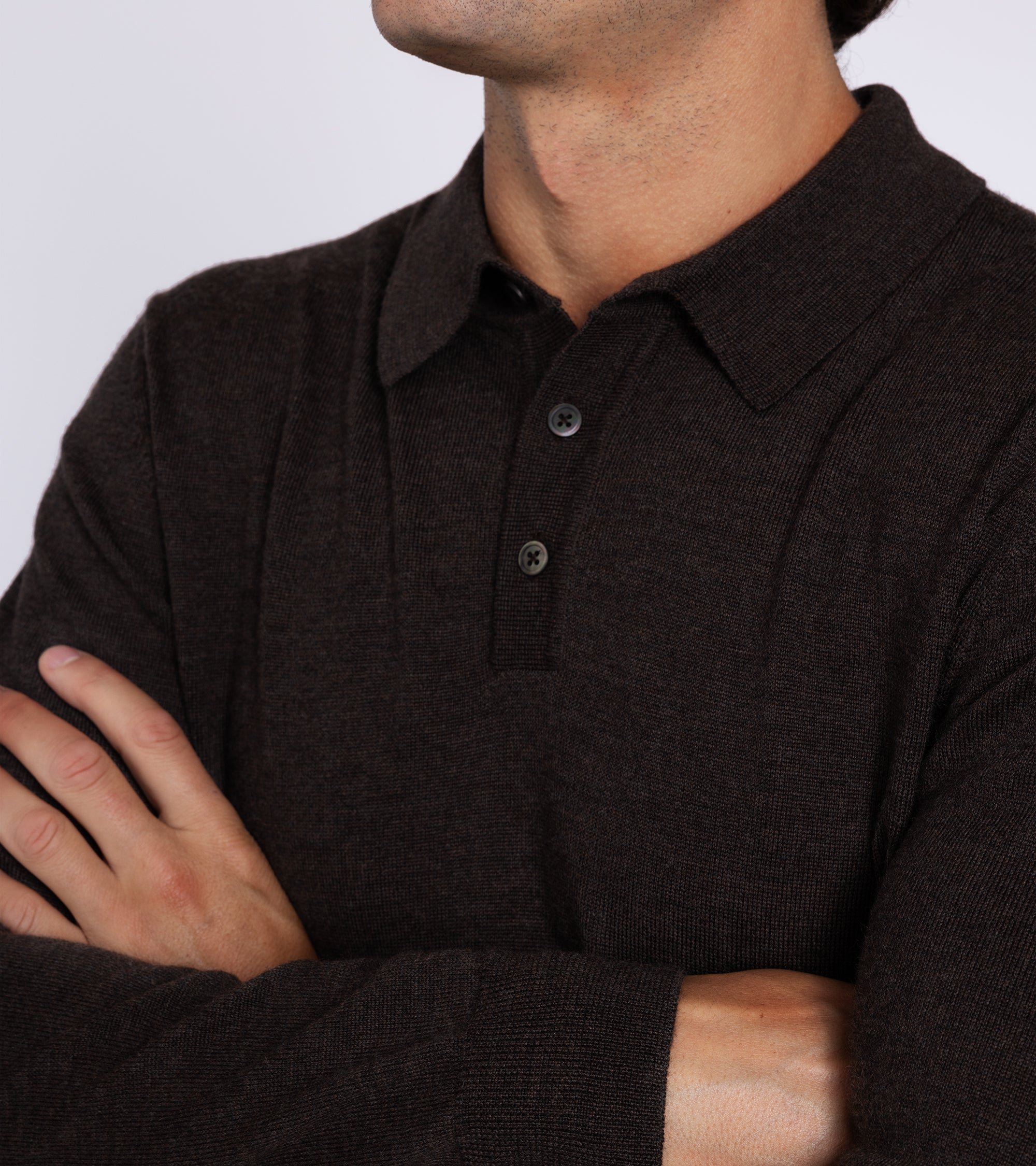 Trunk Enford Merino Knit Long Sleeve Polo Shirt: Mole Brown