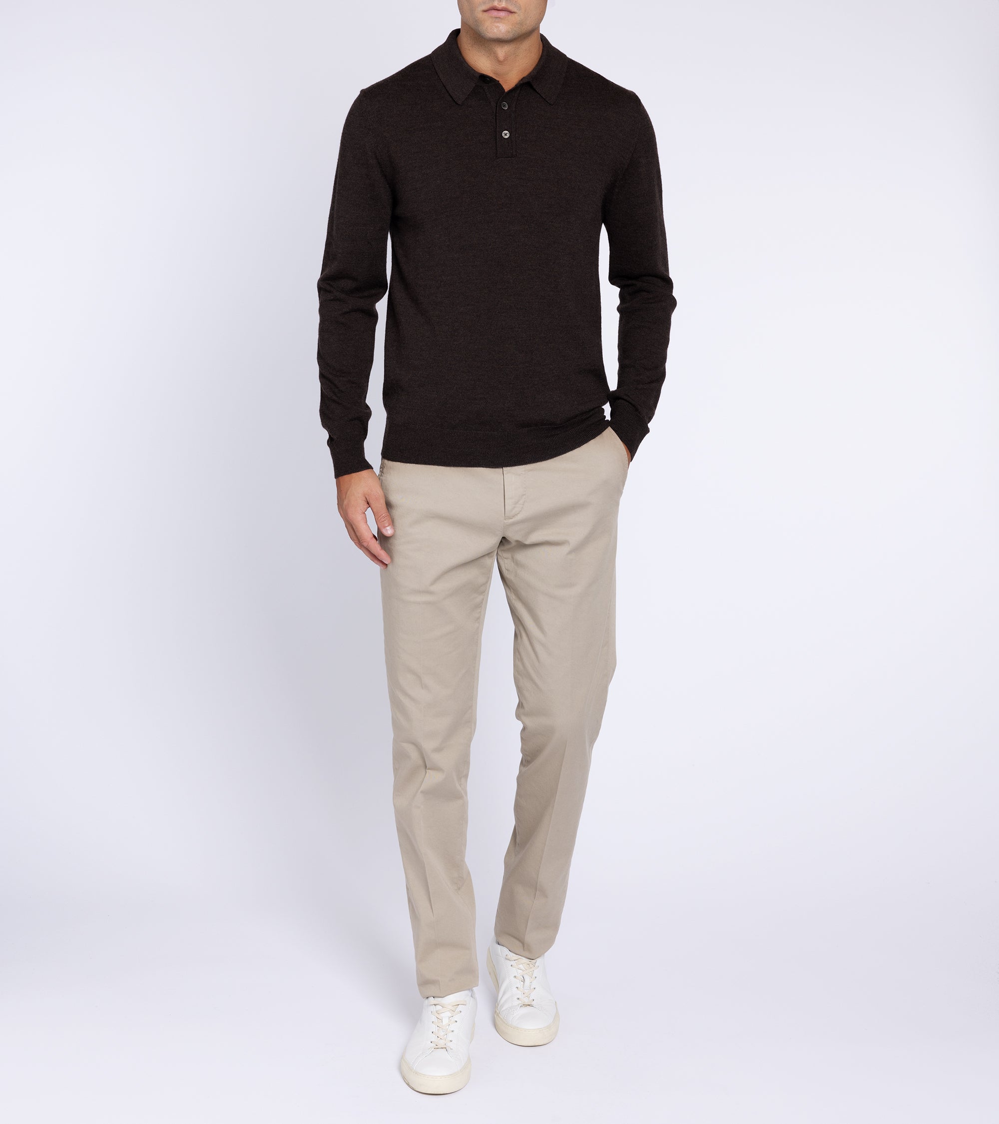 Trunk Enford Merino Knit Long Sleeve Polo Shirt: Mole Brown