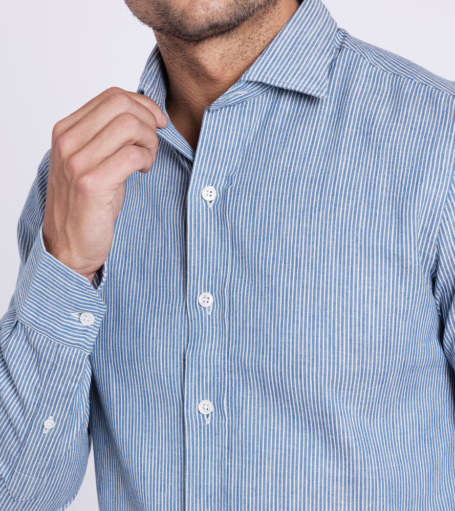 Salvatore Ferregamo Blue White Horizontal Pinstripe buying Shirt - S