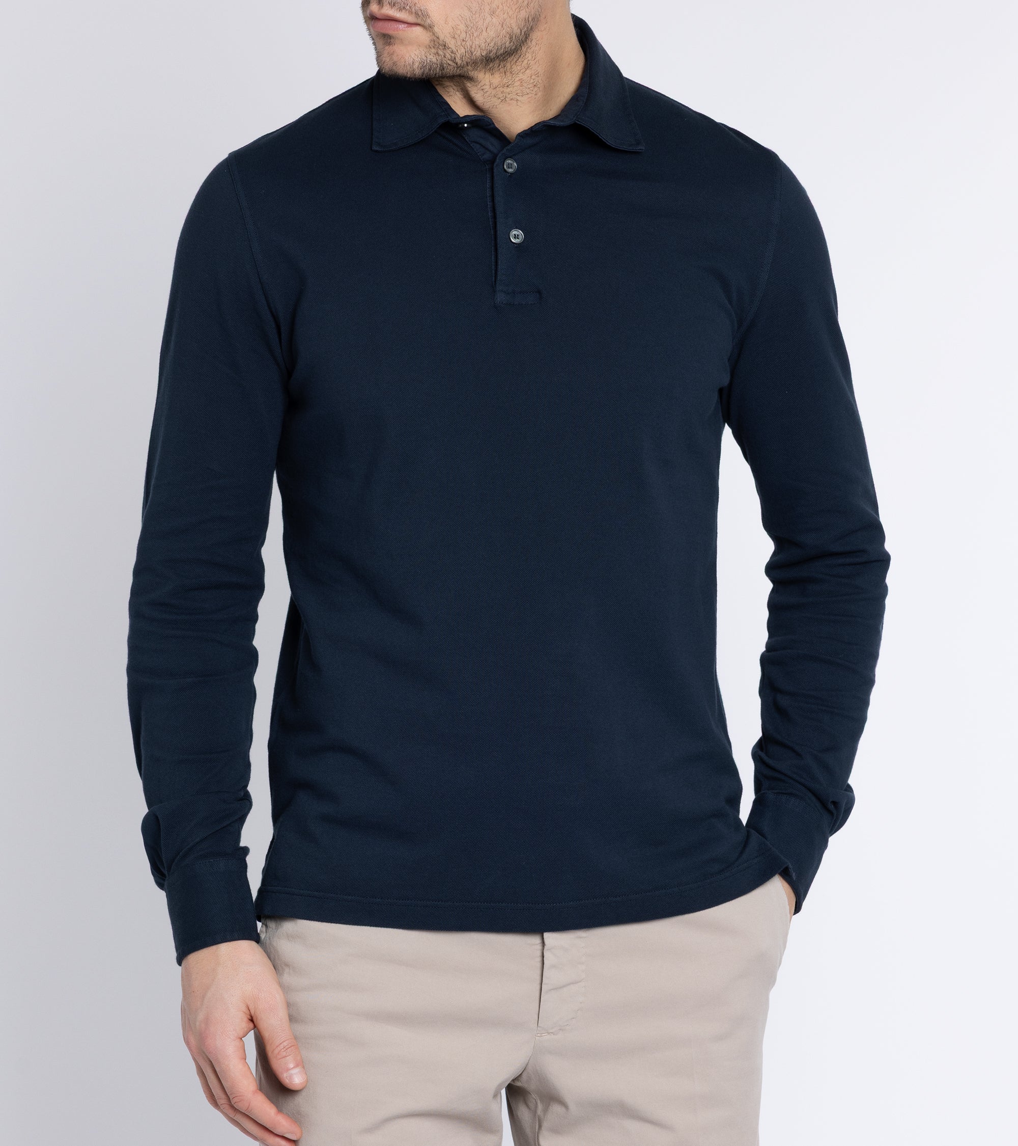 Fedeli North Cotton Pique Long Sleeve Polo Shirt: Navy