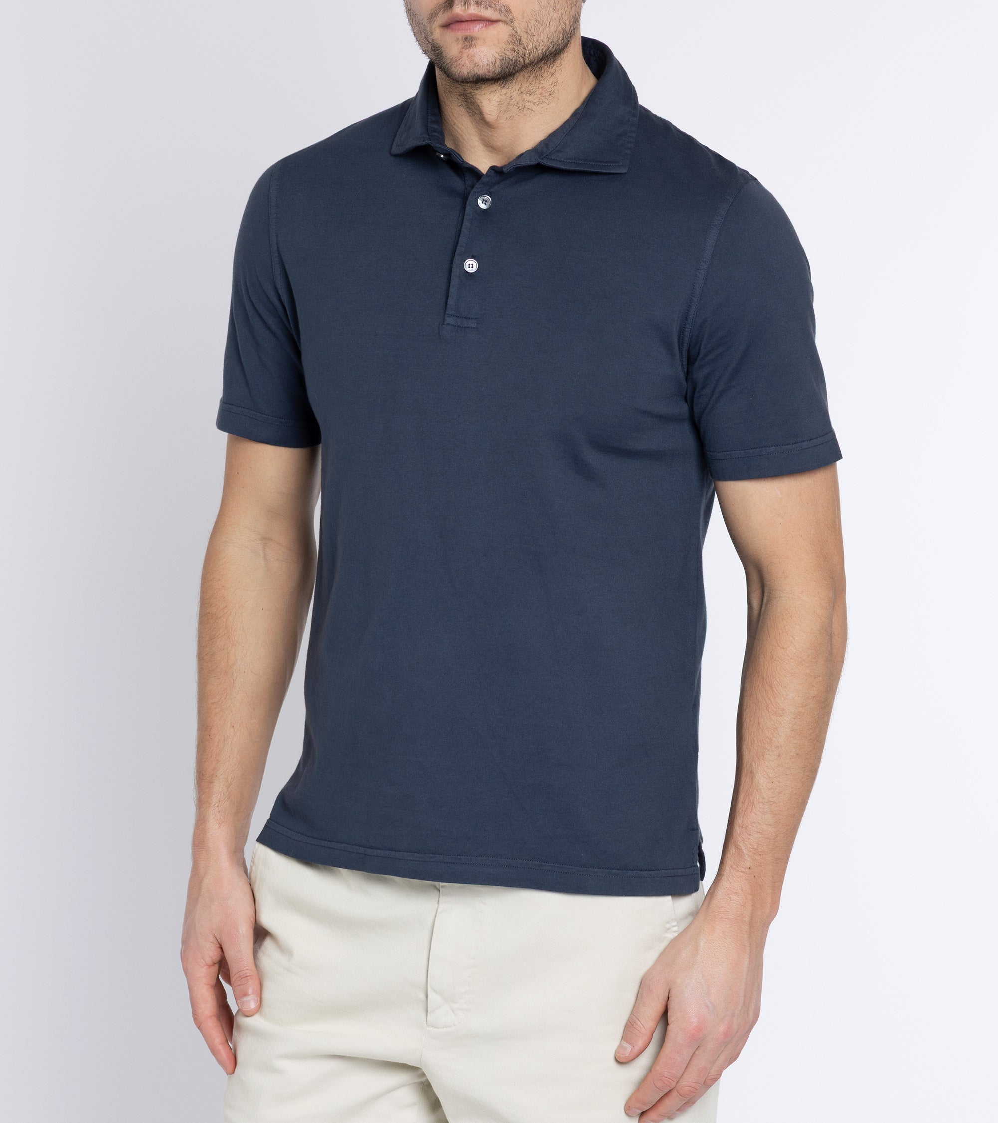 Fedeli Zero Cotton Jersey Short Sleeve Polo Shirt: Navy