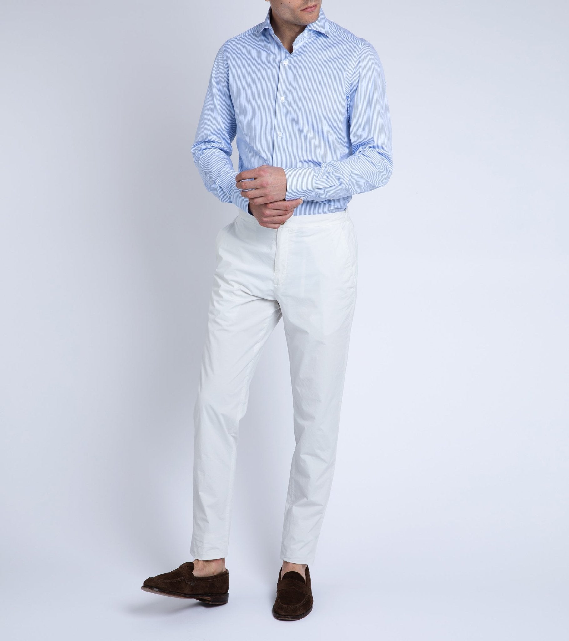 Finamore Milano Eduardo 120 Double Twist Cotton Formal Shirt: Blue Stripe - Trunk Clothiers