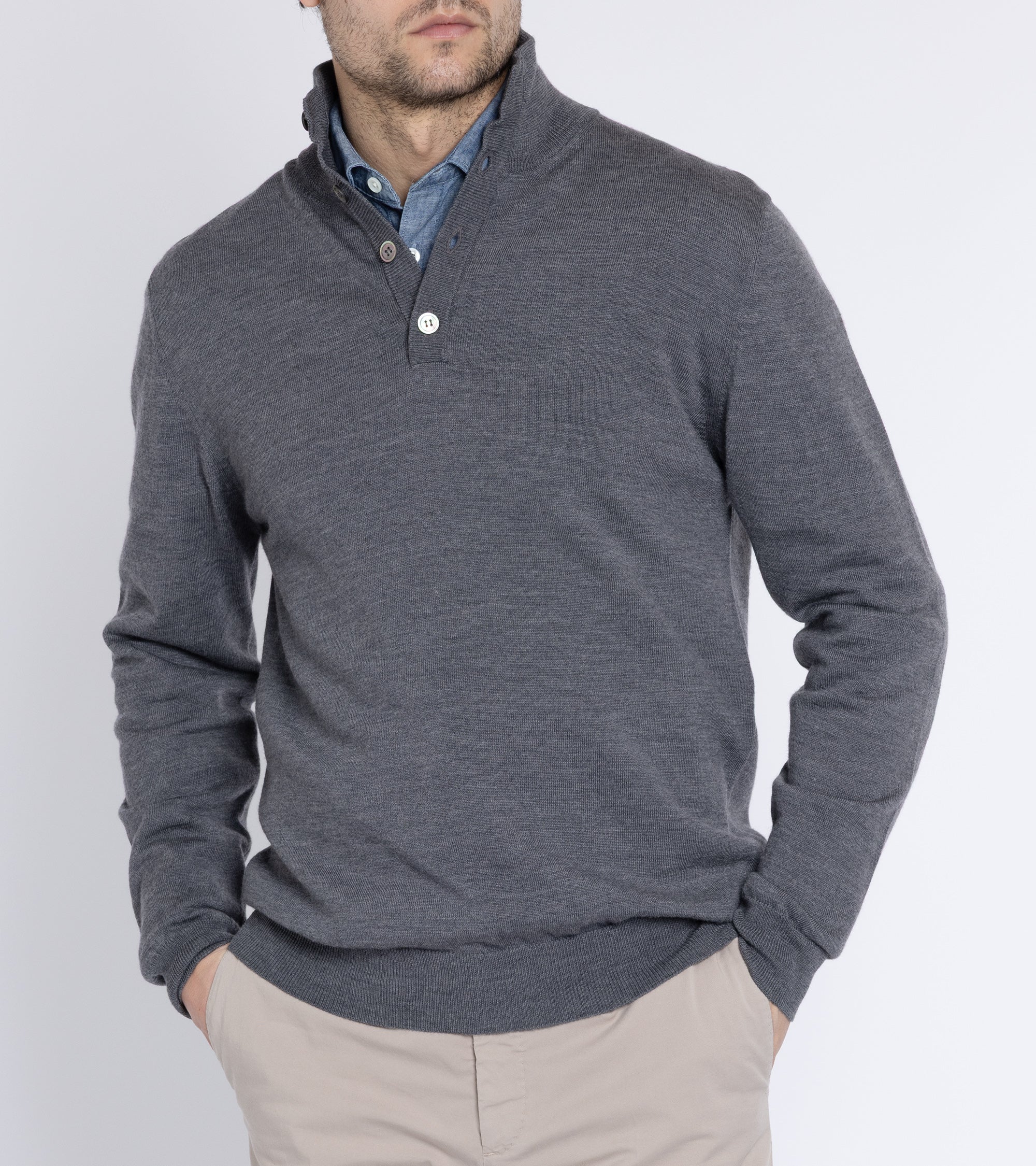 Trunk Bennet Merino Button Neck Sweater: Grey