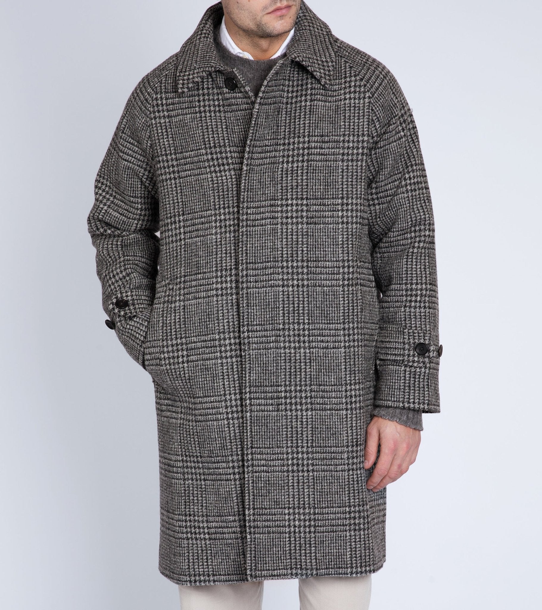 Trunk Devonshire Prince of Wales Harris Tweed Overcoat: Grey - Trunk Clothiers