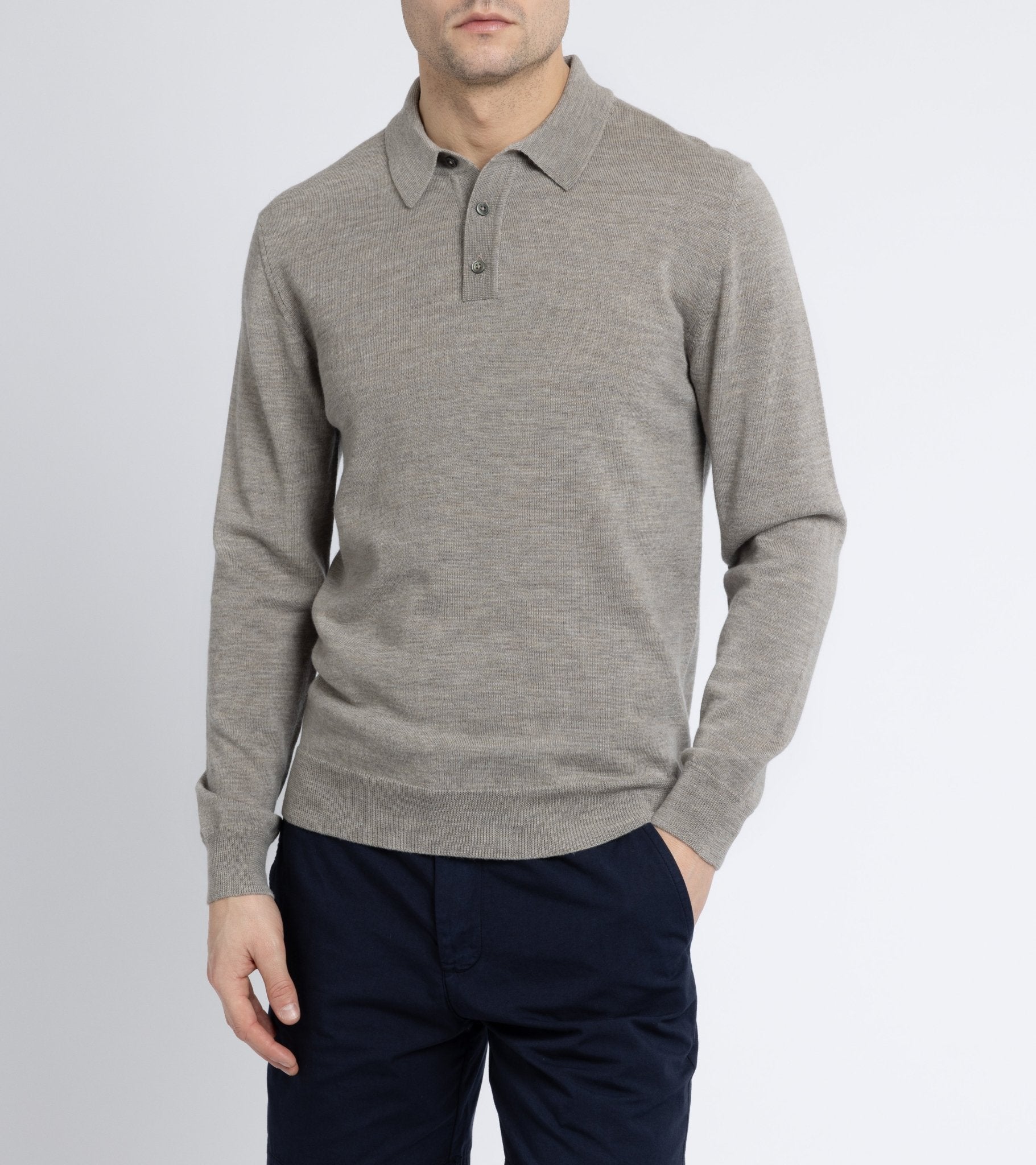 Trunk Enford Merino Knit Long Sleeve Polo Shirt: Greige - Trunk Clothiers