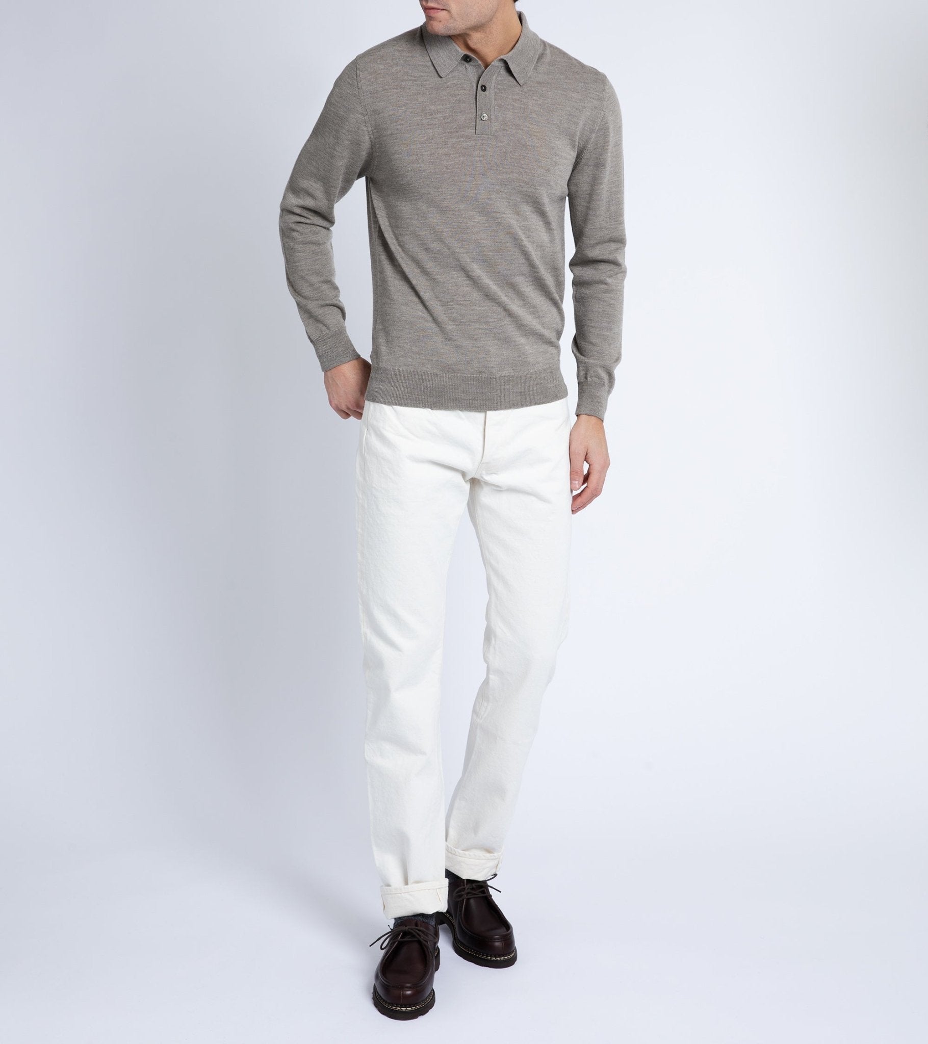 Trunk Enford Merino Knit Long Sleeve Polo Shirt: Greige - Trunk Clothiers