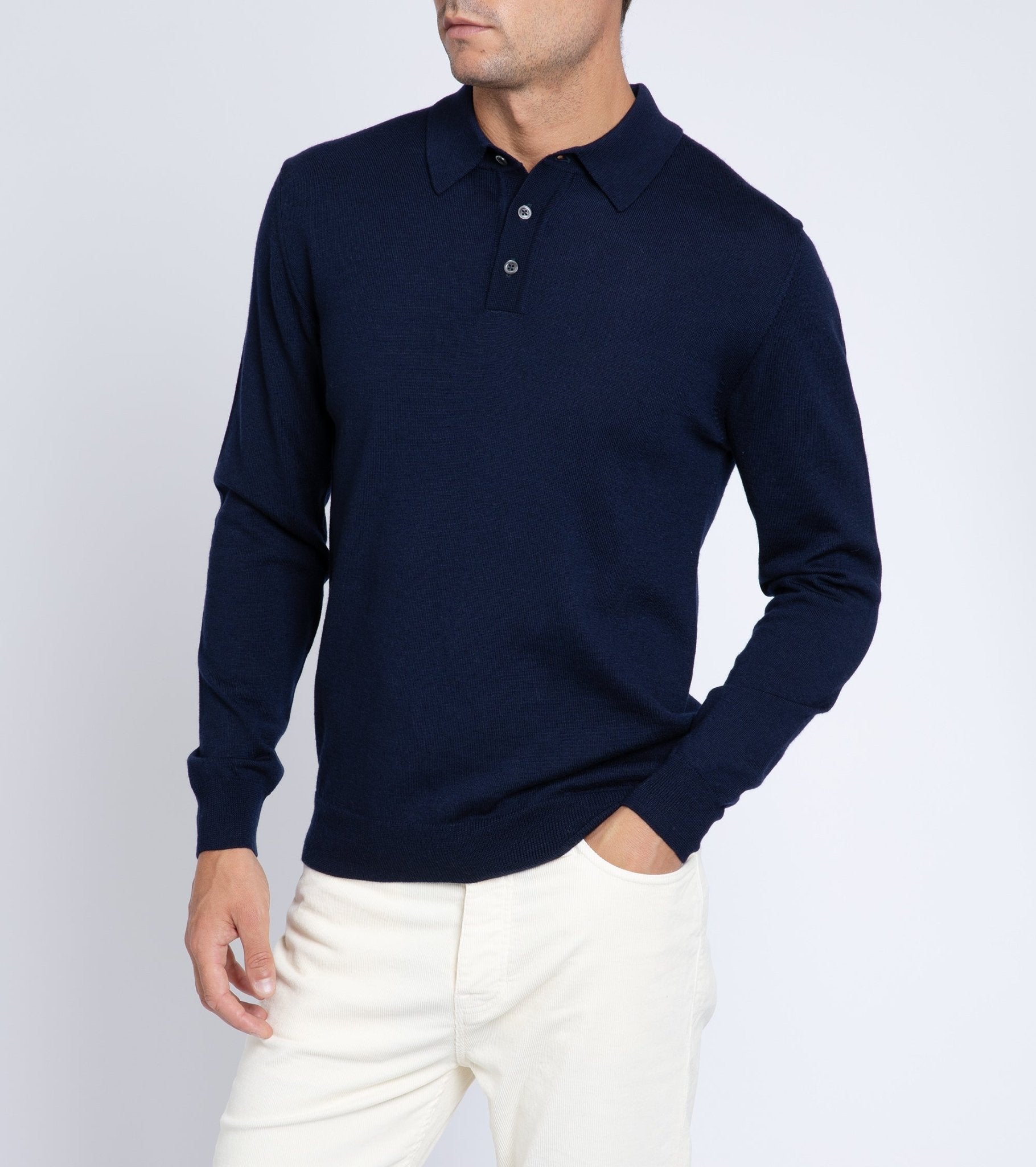 Trunk Enford Merino Knit Long Sleeve Polo Shirt: Navy - Trunk Clothiers