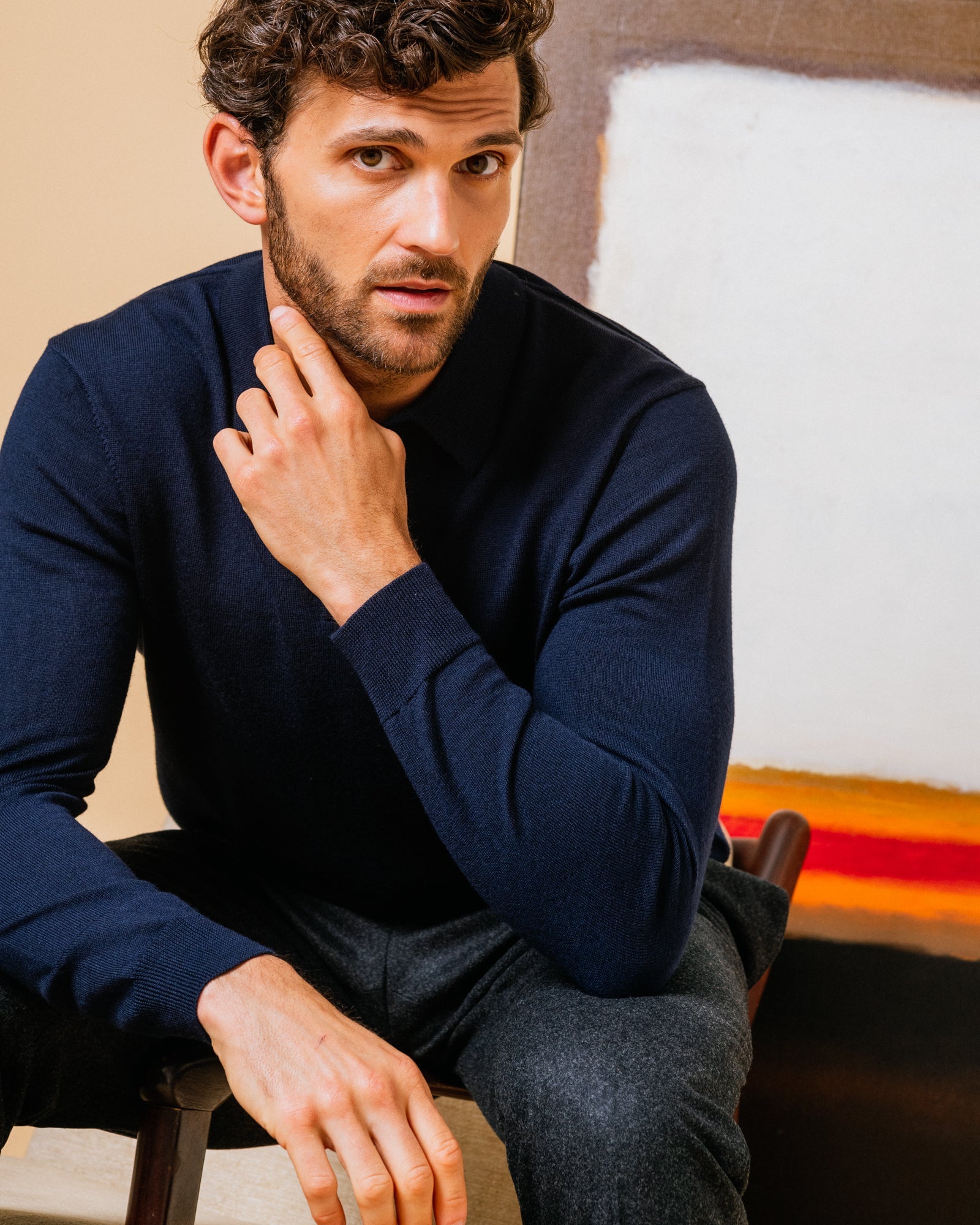 Trunk Enford Merino Knit Long Sleeve Polo Shirt: Navy - Trunk Clothiers