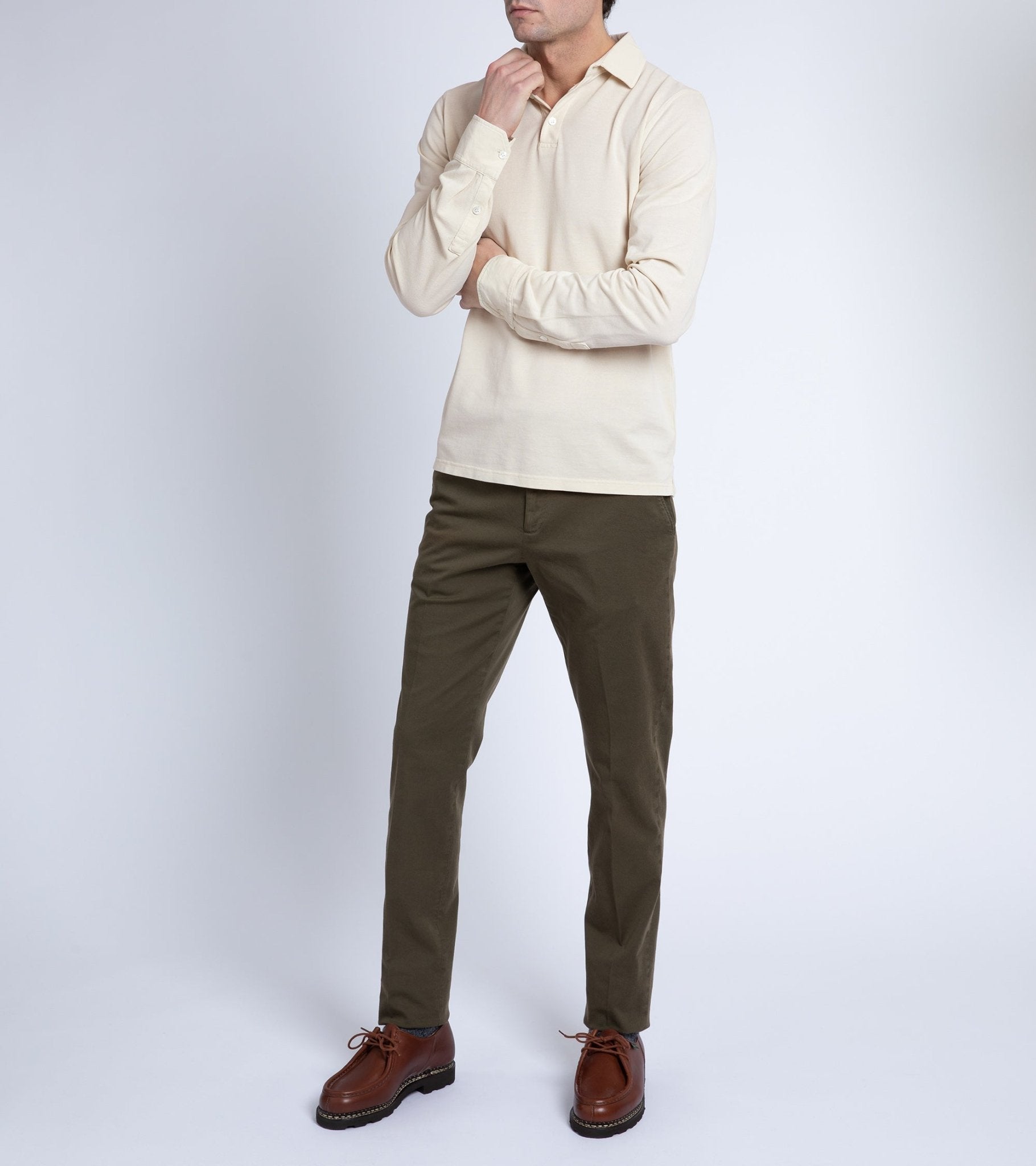 Trunk Moxon Long Sleeve Polo Shirt: Cream - Trunk Clothiers