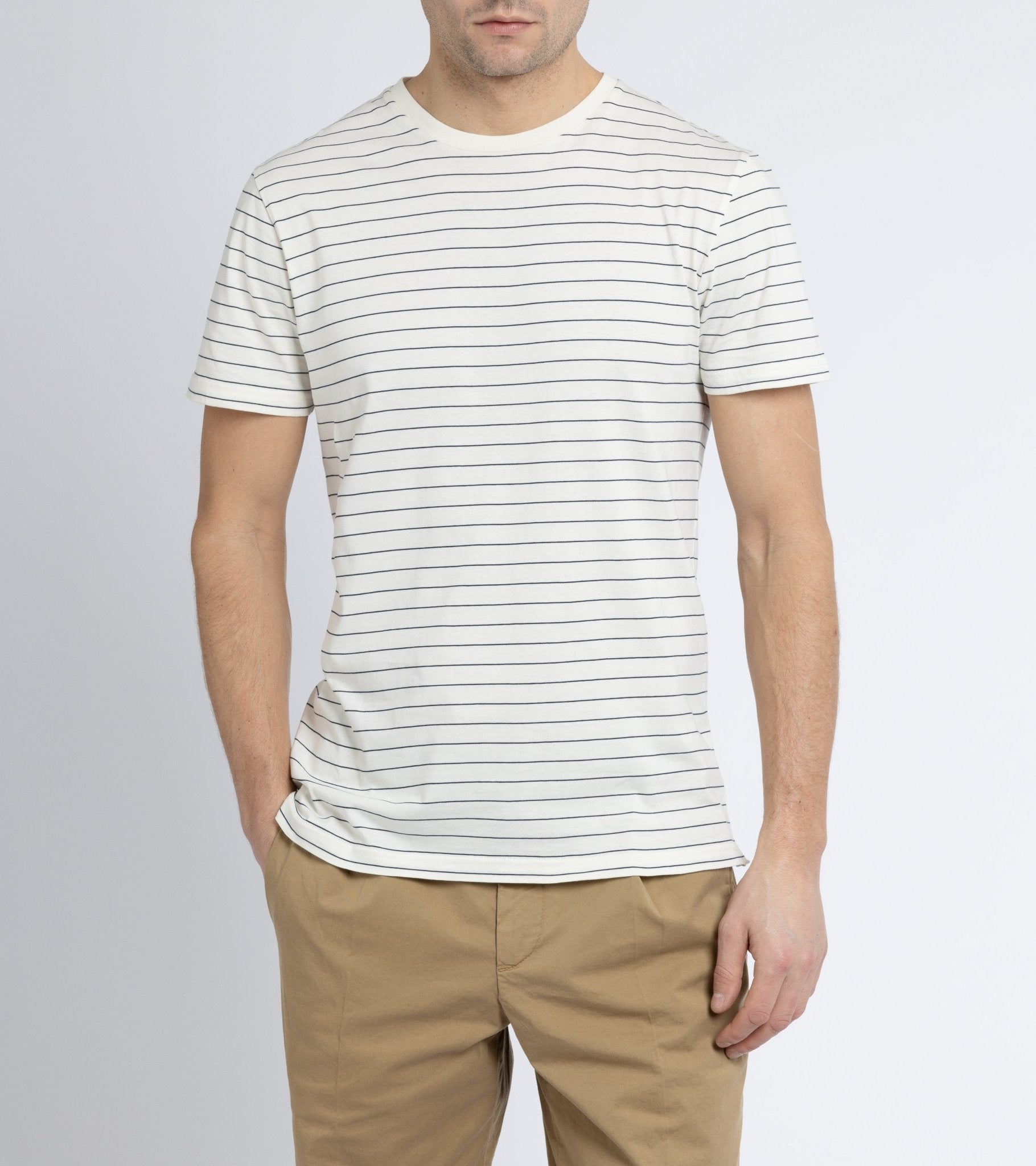 Trunk York Organic Cotton Fine Stripe T-Shirt: Ecru - Trunk Clothiers